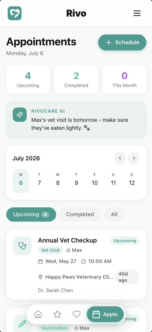 Rivo Appointments screen: upcoming annual vet checkup for Max with Dr. Sarah Chen, a July 2026 calendar, visit counters and a RivoCare AI preparation tip