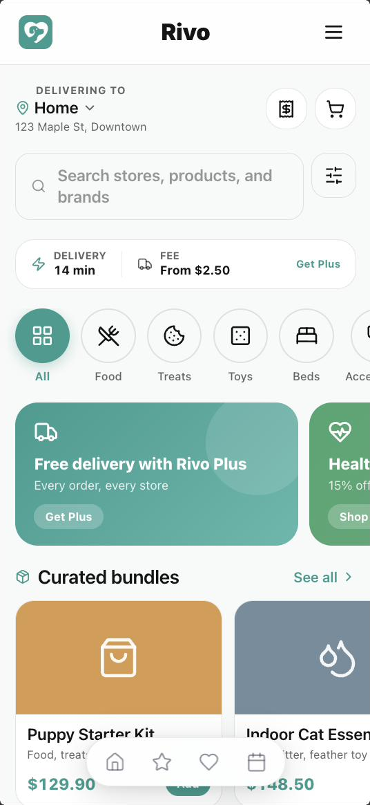 Rivo Marketplace home with delivery address, categories and featured example stores