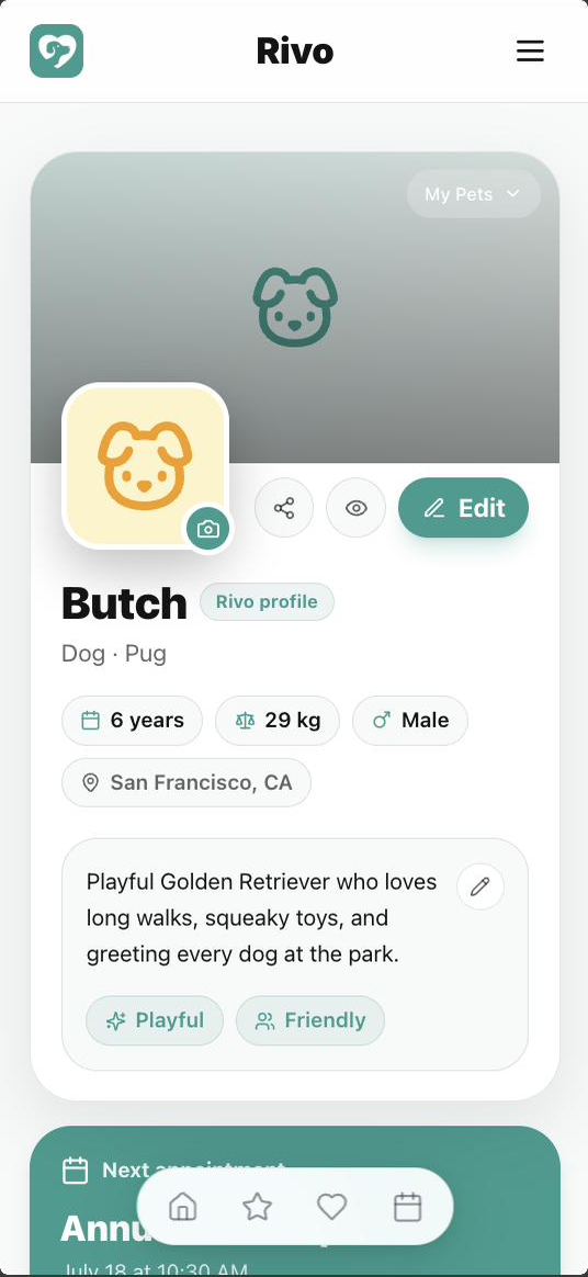 Rivo pet profile for Butch the pug: photo, breed, age, weight and personality, with quick actions to edit and share
