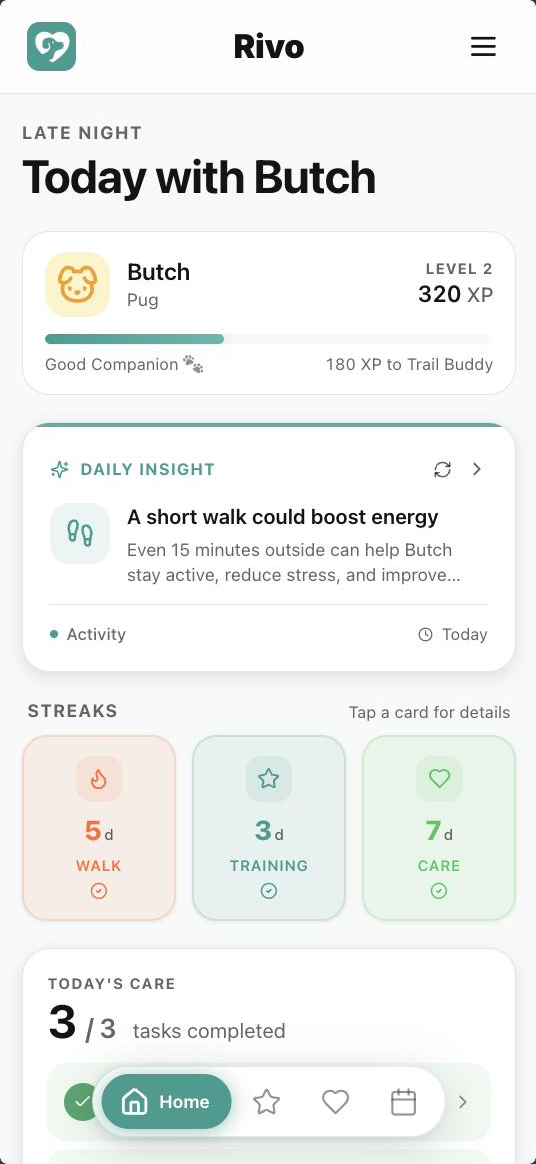 La app Rivo mostrando el panel diario con el perfil de la mascota, rachas y tareas de cuidado