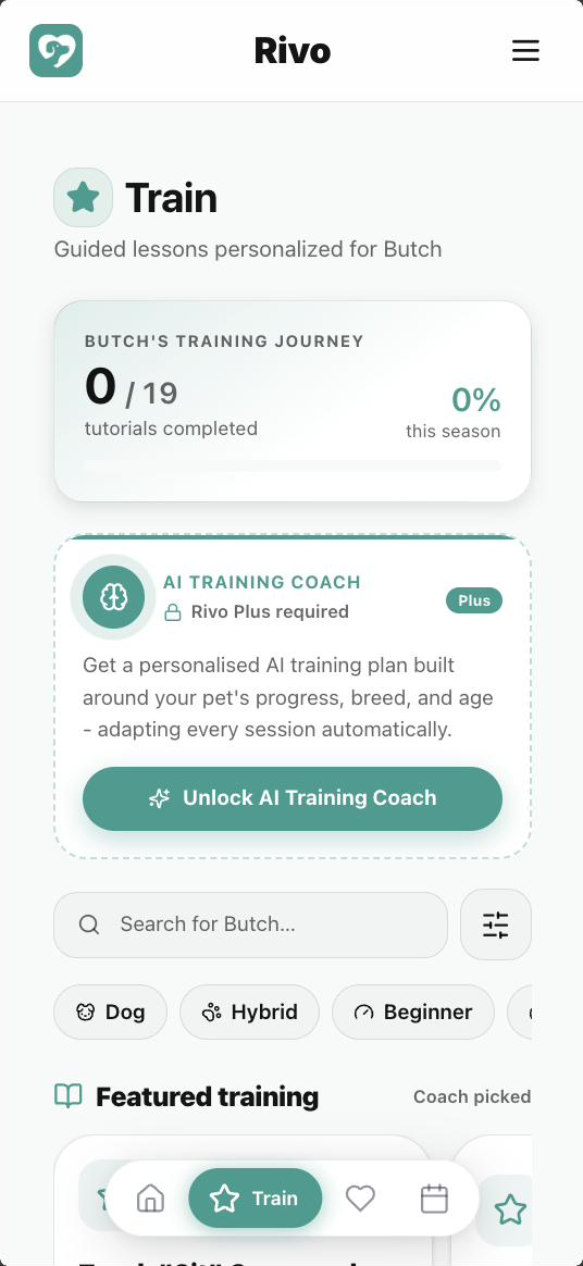 Rivo Train screen with Butch's training journey, the Rivo Plus AI training coach, and a recommended lesson to teach the sit command