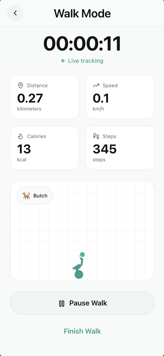 Rivo Walk Mode live-tracking a walk with Butch: timer, distance, speed, calories, steps and route map