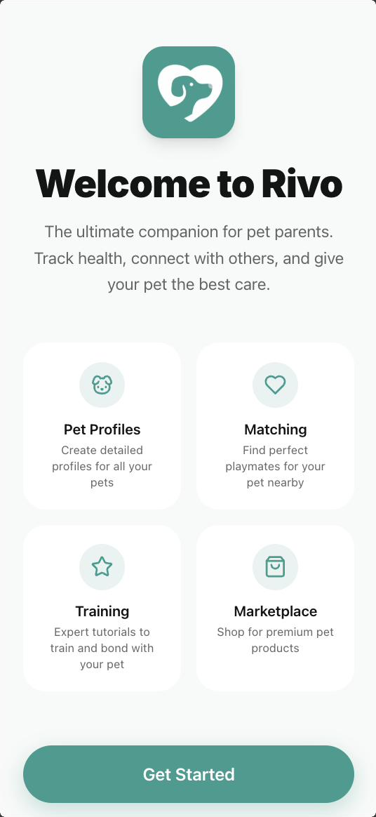 Pantalla de bienvenida de Rivo presentando la app